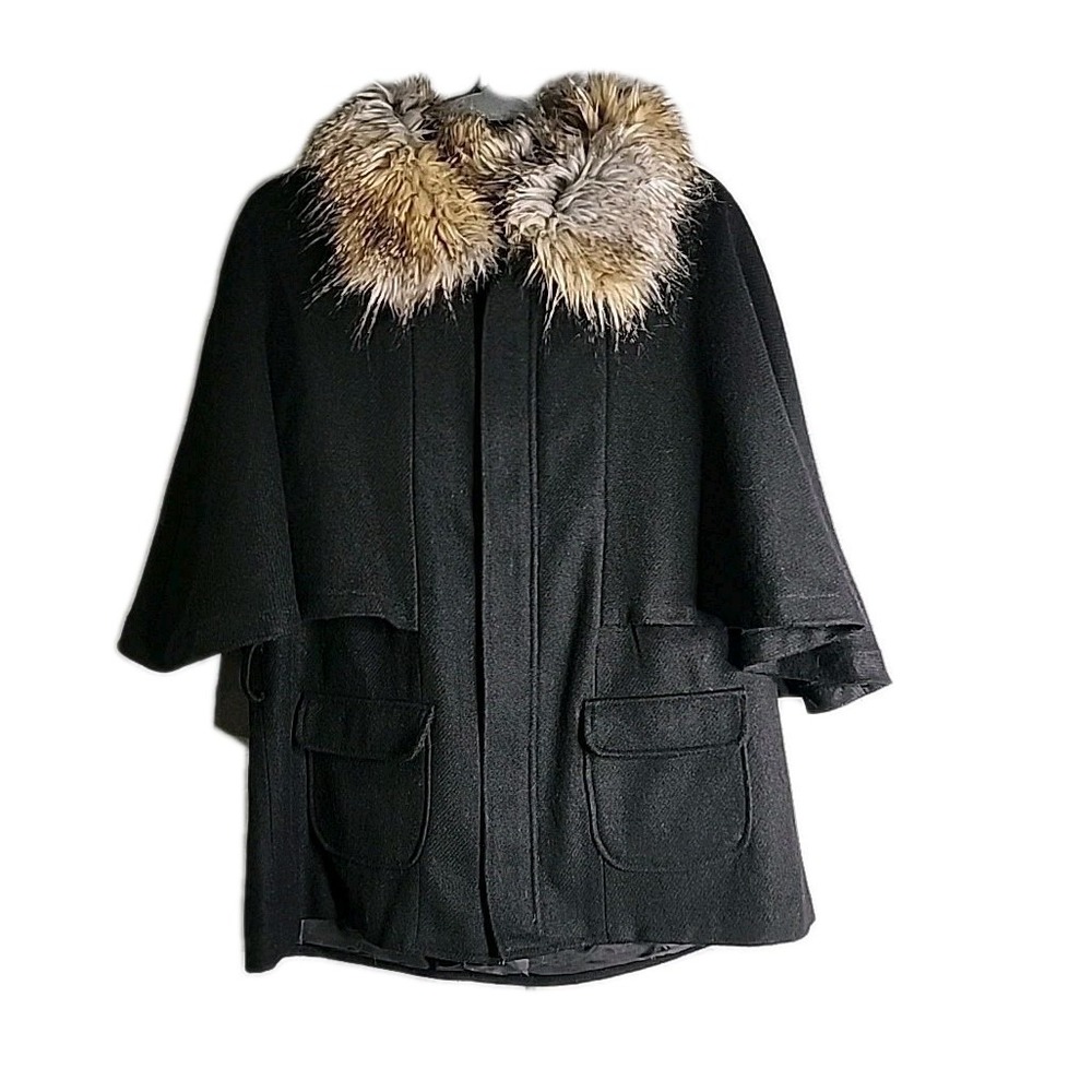 Donna Salyers Black Cape Coat Sz Large Wool Blend Faux Fur Trim Missing Belt